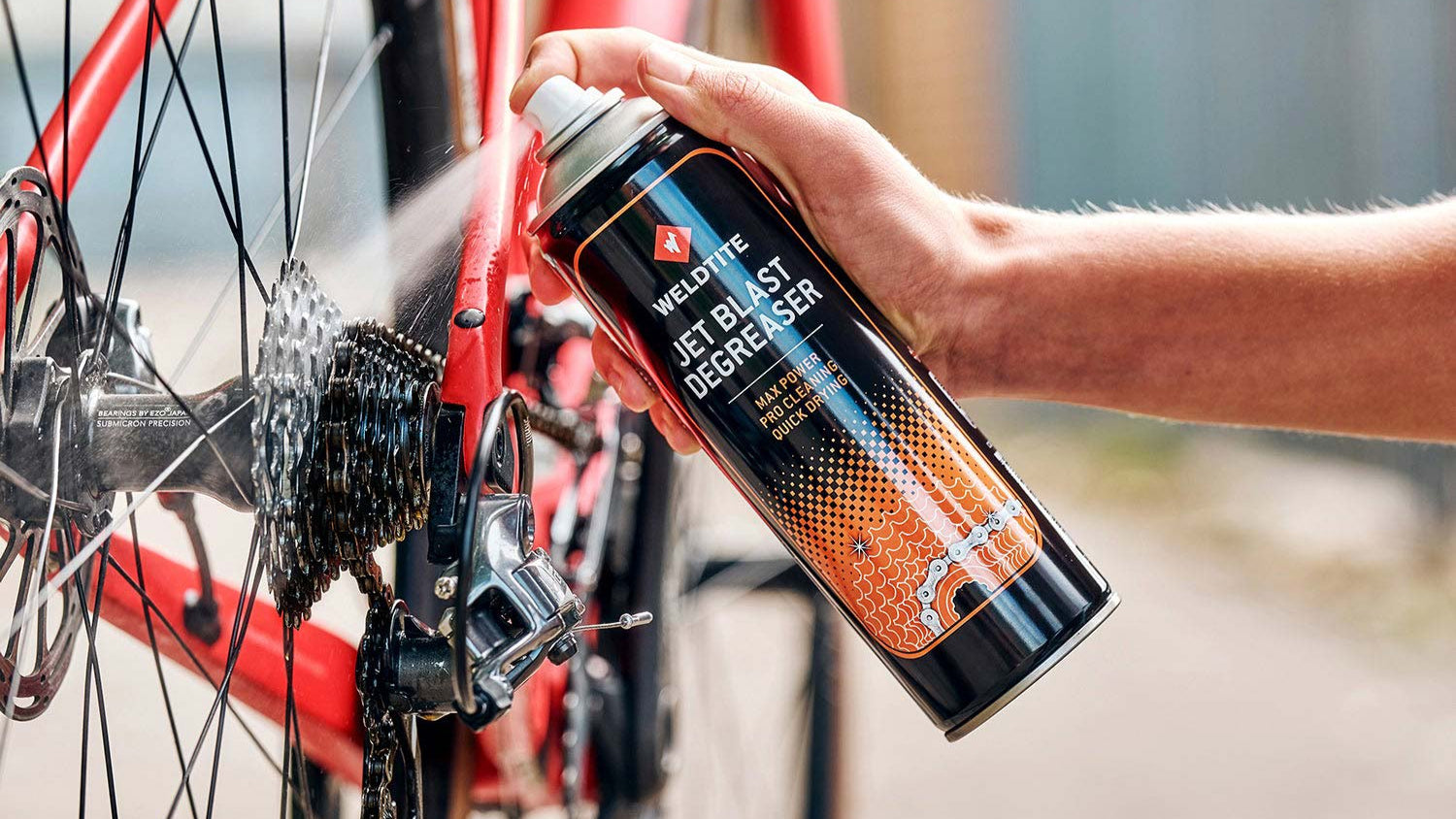Weldtite Jet Blast Degreaser Spray used on a bicycle drivetrain.