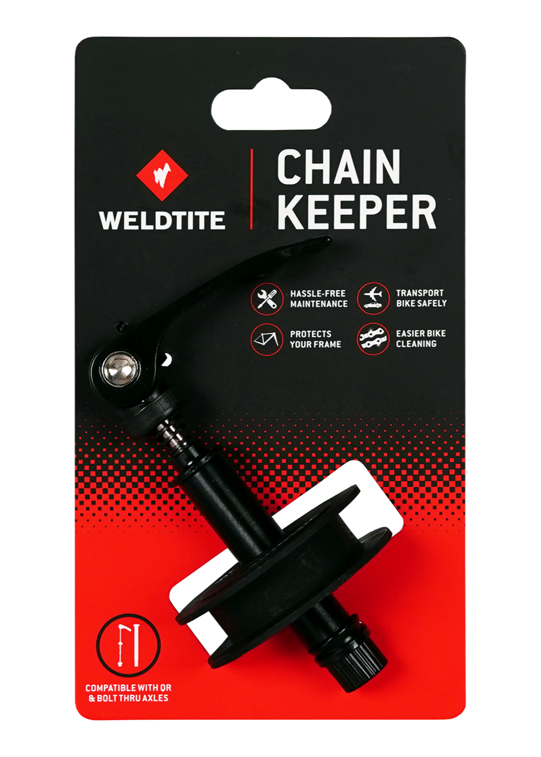 Weldtite Chain Keeper tool packaging with black tool on a red and black gradient background.