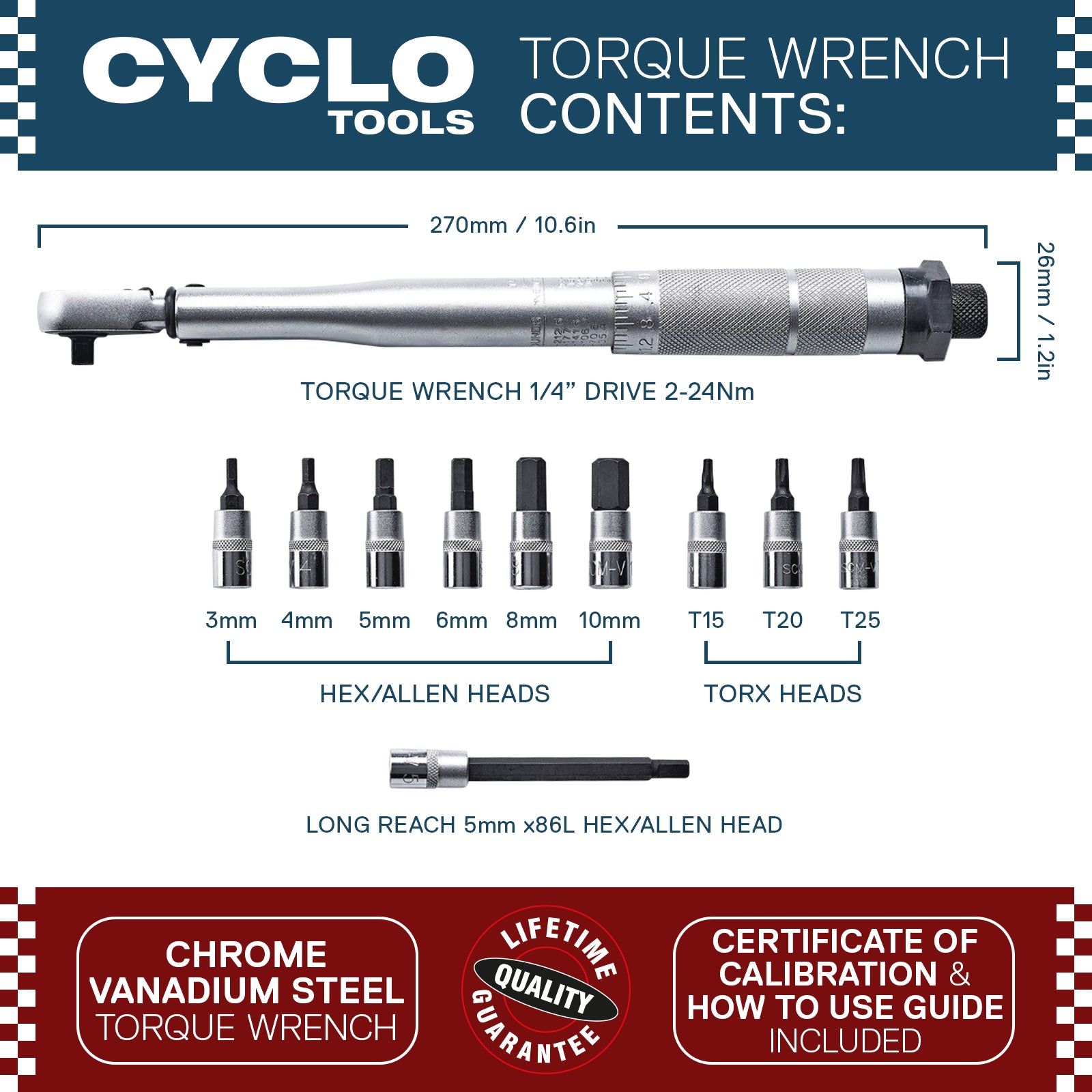 Torque Wrench 1/4” Drive 2-24Nm with Tools